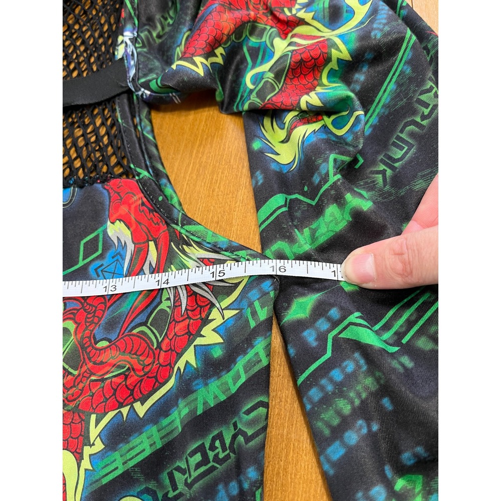 Cyberpunk Dragon Print Fishnet Buckle Mini Dress Black Green Large - Picture 4 of 7